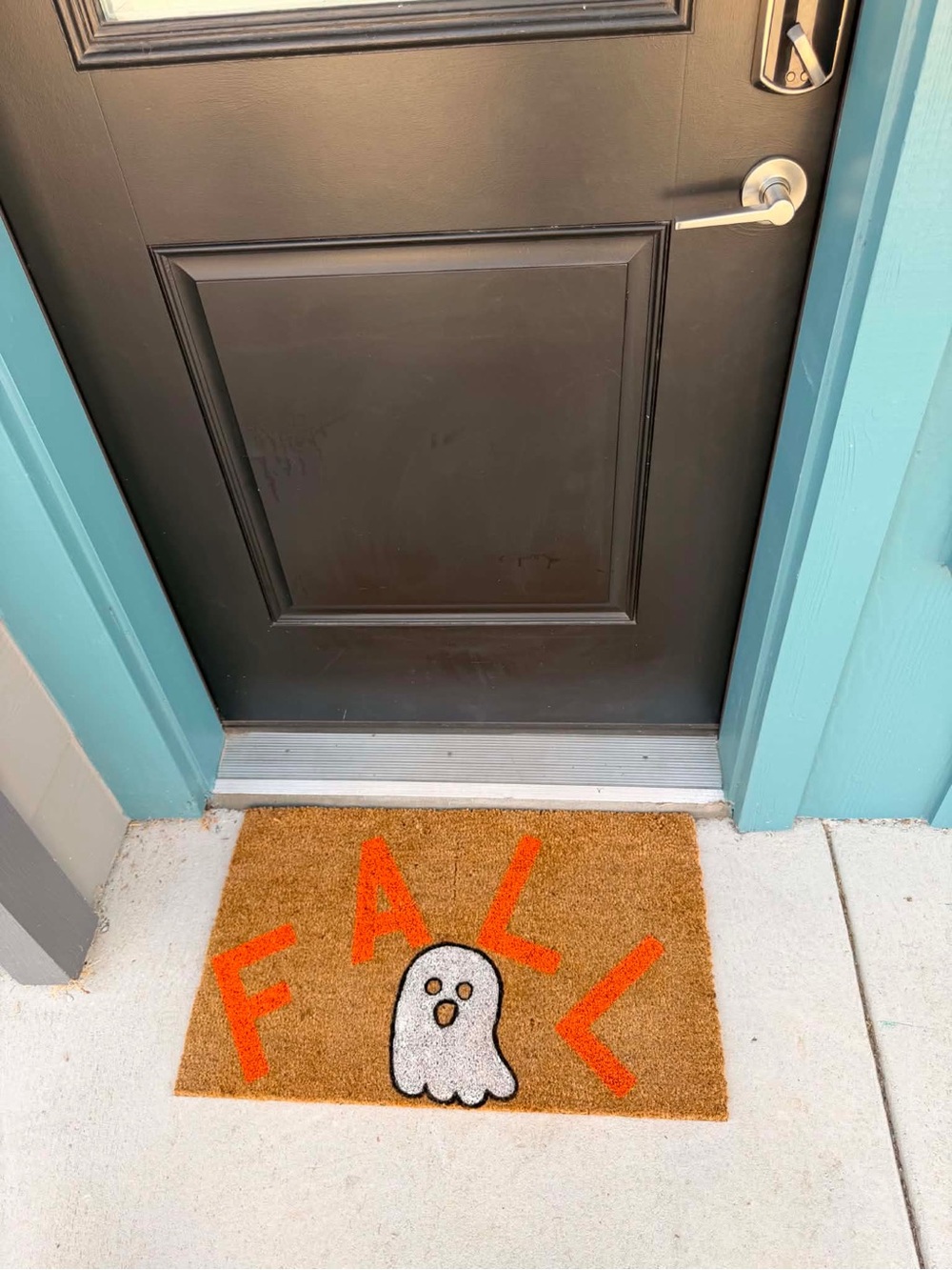 Festive Fall Ghost Coir Doormat - Orange on Brown